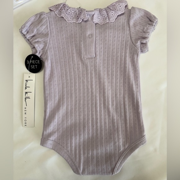 Nicole Miller 3-Piece Baby Girl Bodysuit Onesie Set - Peach and Lilac 6-9 months - Picture 6 of 16